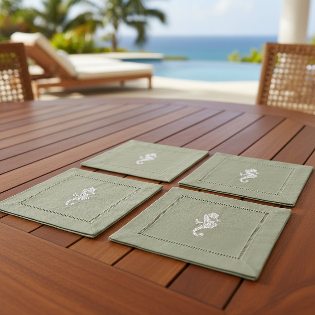 Embroidered Linen Cocktail Napkins Seahorse - Quick Ship