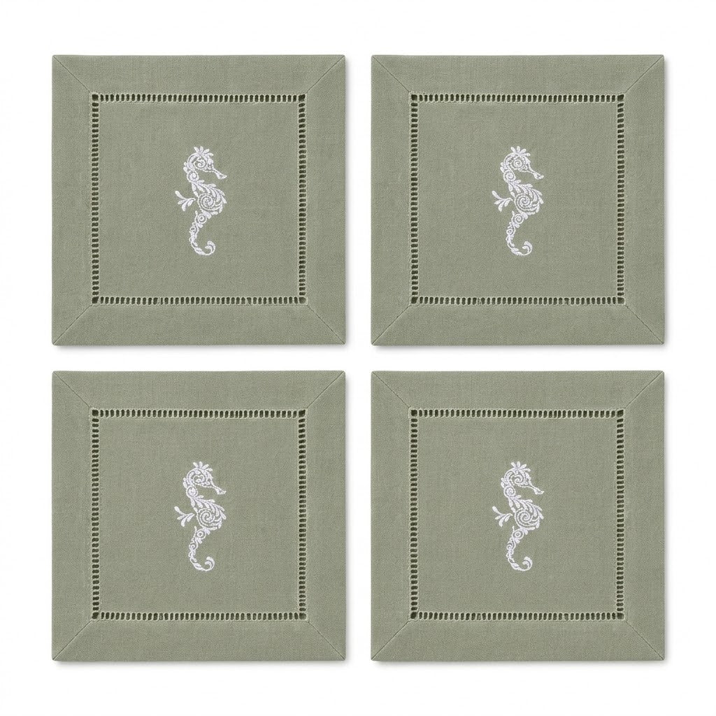 Embroidered Linen Cocktail Napkins Seahorse - Quick Ship