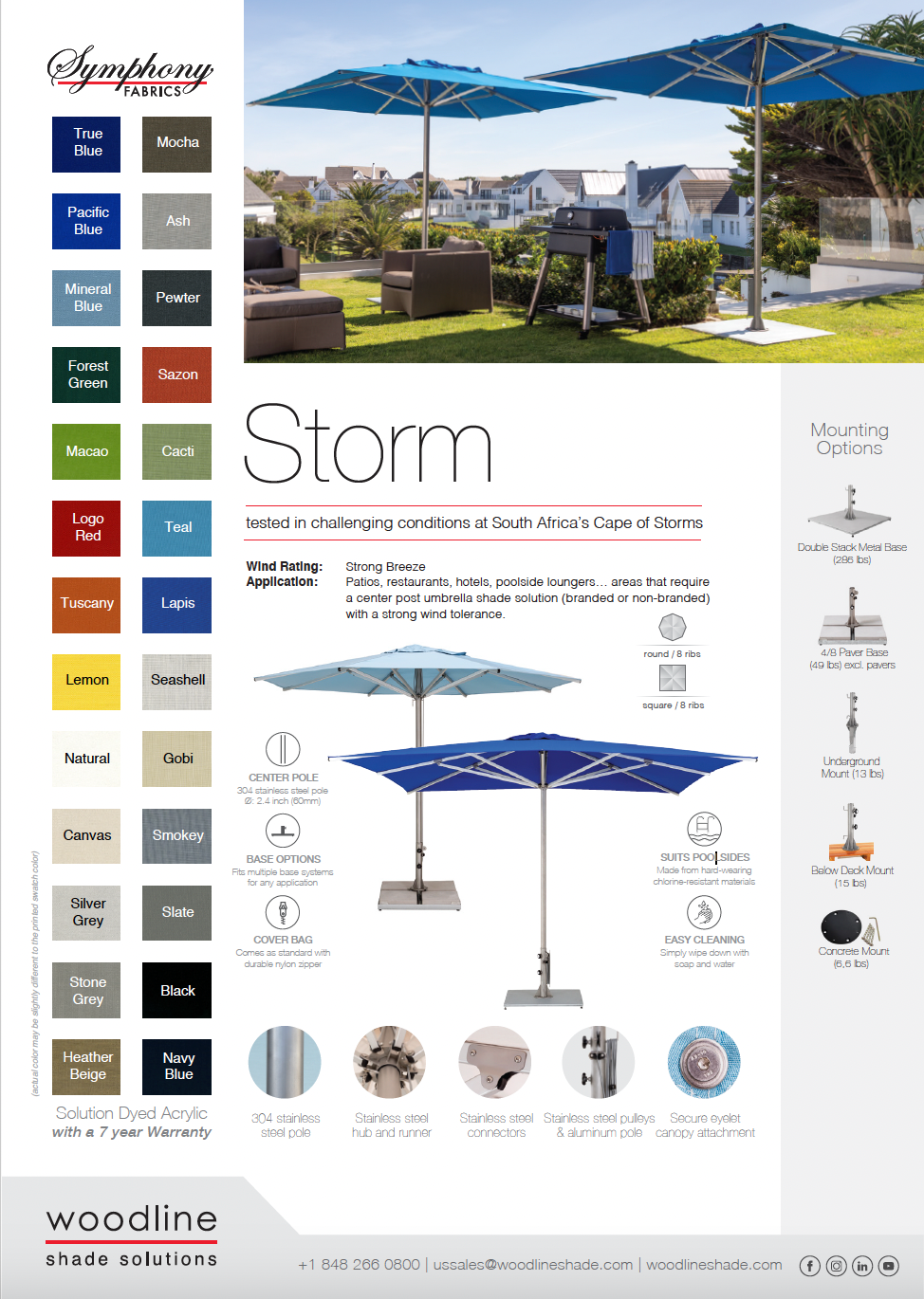 Storm 304 Stainless Steel Parasol (2.5" Pole) w/ Canopy - 11.5ft - QUICK SHIP