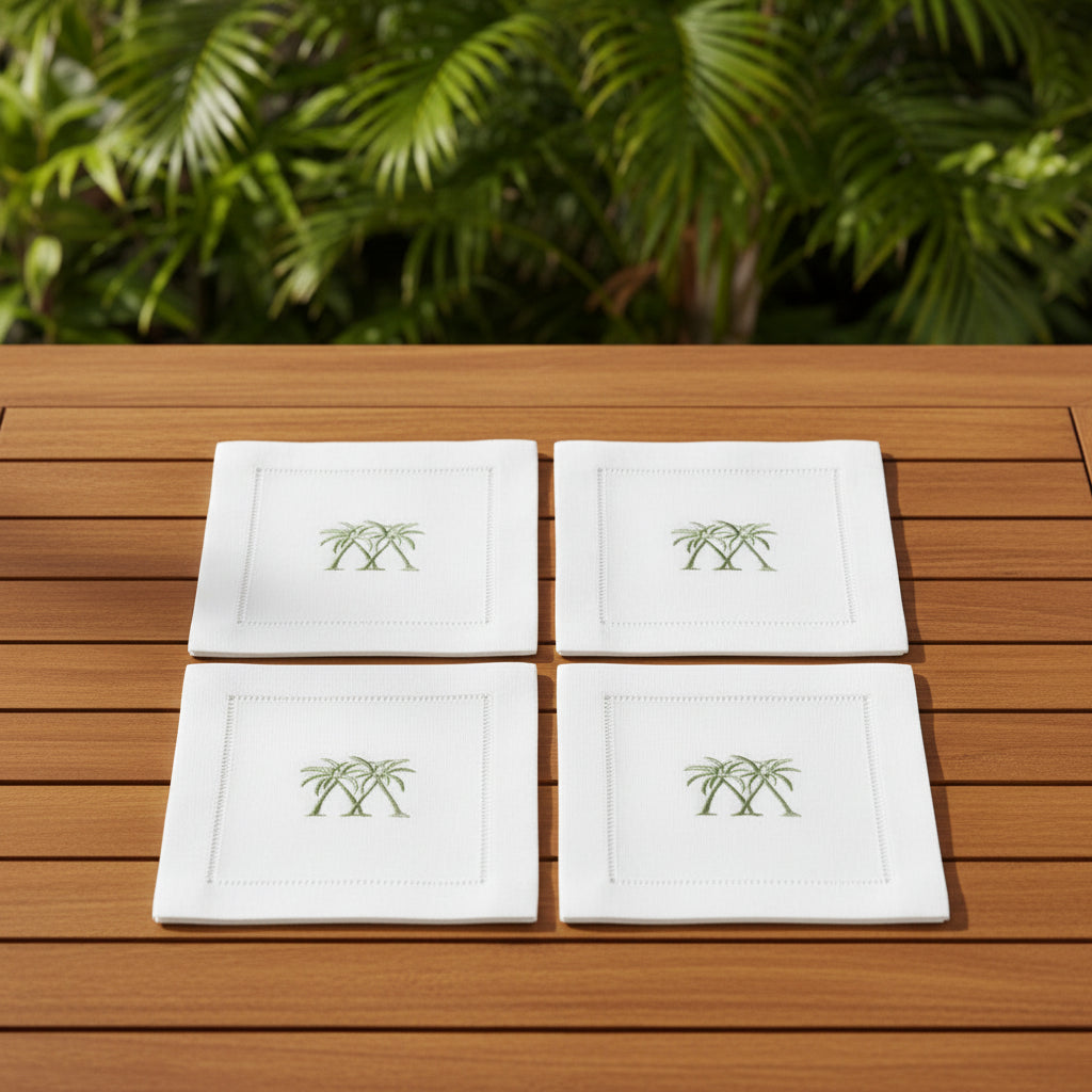 Embroidered Linen Cocktail Napkins Palms - Quick Ship