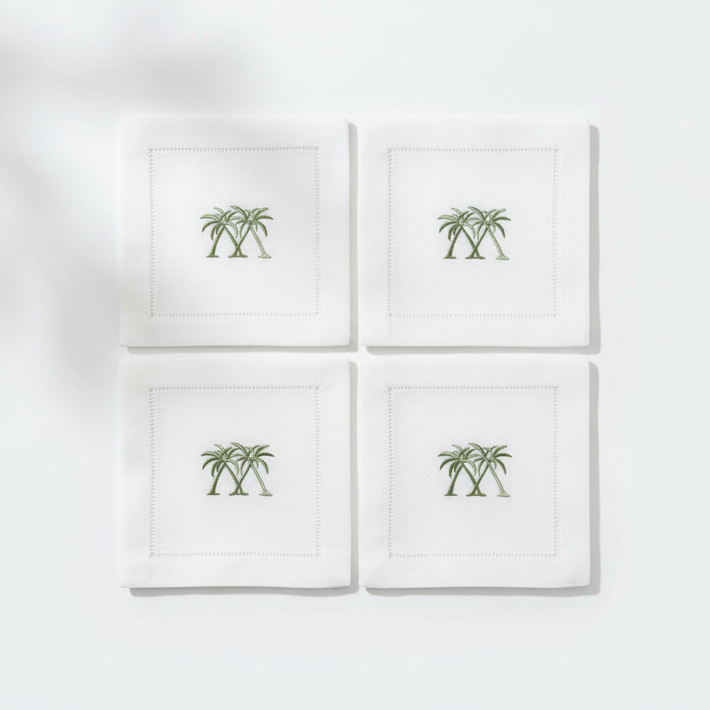 Embroidered Linen Cocktail Napkins Palms - Quick Ship