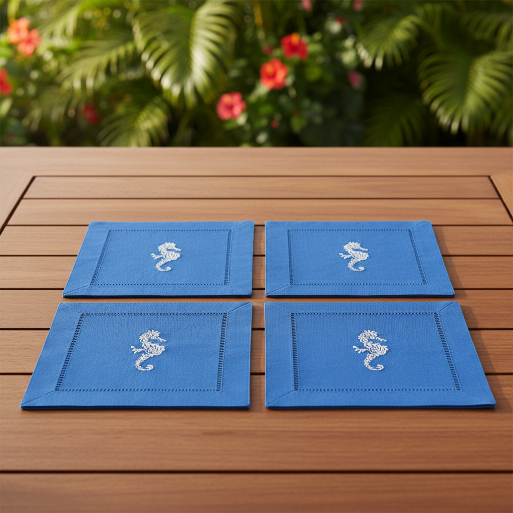Embroidered Linen Cocktail Napkins Seahorse - Quick Ship