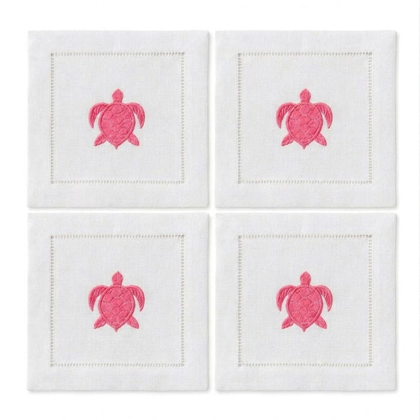 Embroidered Linen Cocktail Napkins Turtle - Quick Ship
