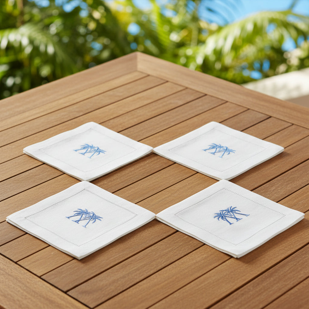 Embroidered Linen Cocktail Napkins Palms - Quick Ship