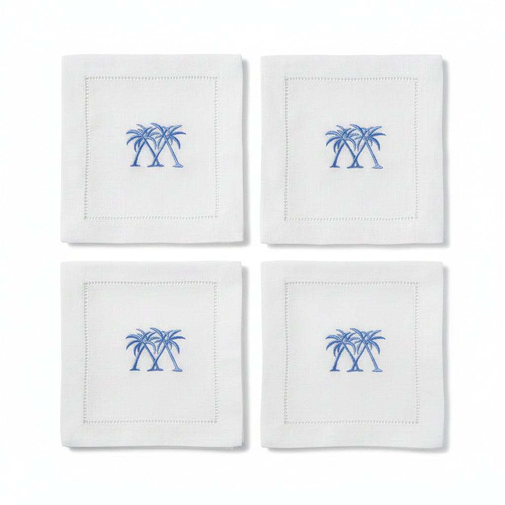 Embroidered Linen Cocktail Napkins Palms - Quick Ship