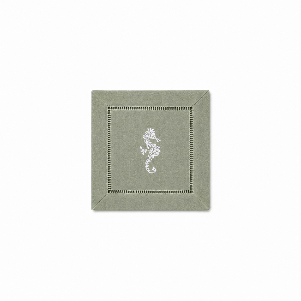 Embroidered Linen Cocktail Napkins Seahorse - Quick Ship