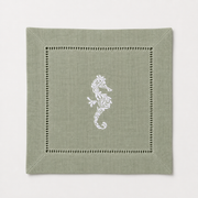 Embroidered Linen Cocktail Napkins Seahorse - Quick Ship