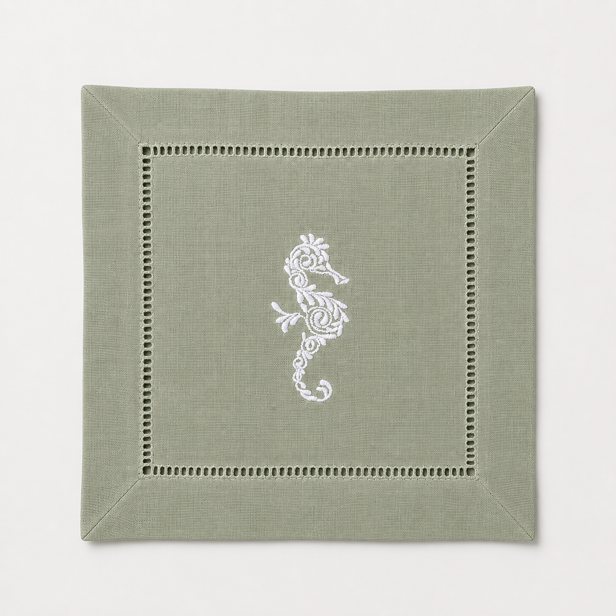 Embroidered Linen Cocktail Napkins Seahorse - Quick Ship