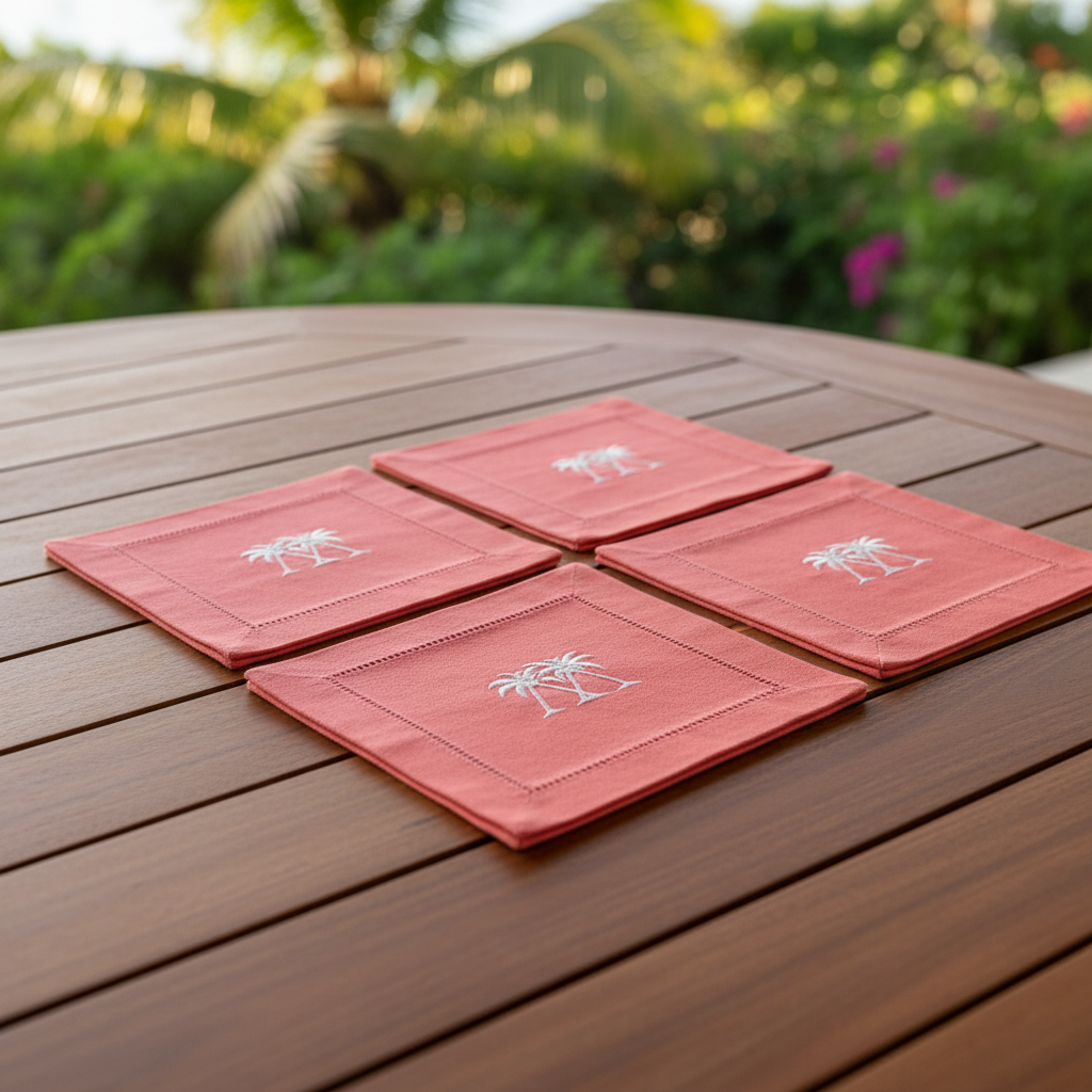 Embroidered Linen Cocktail Napkins Palms - Quick Ship