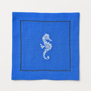 Embroidered Linen Cocktail Napkins Seahorse - Quick Ship