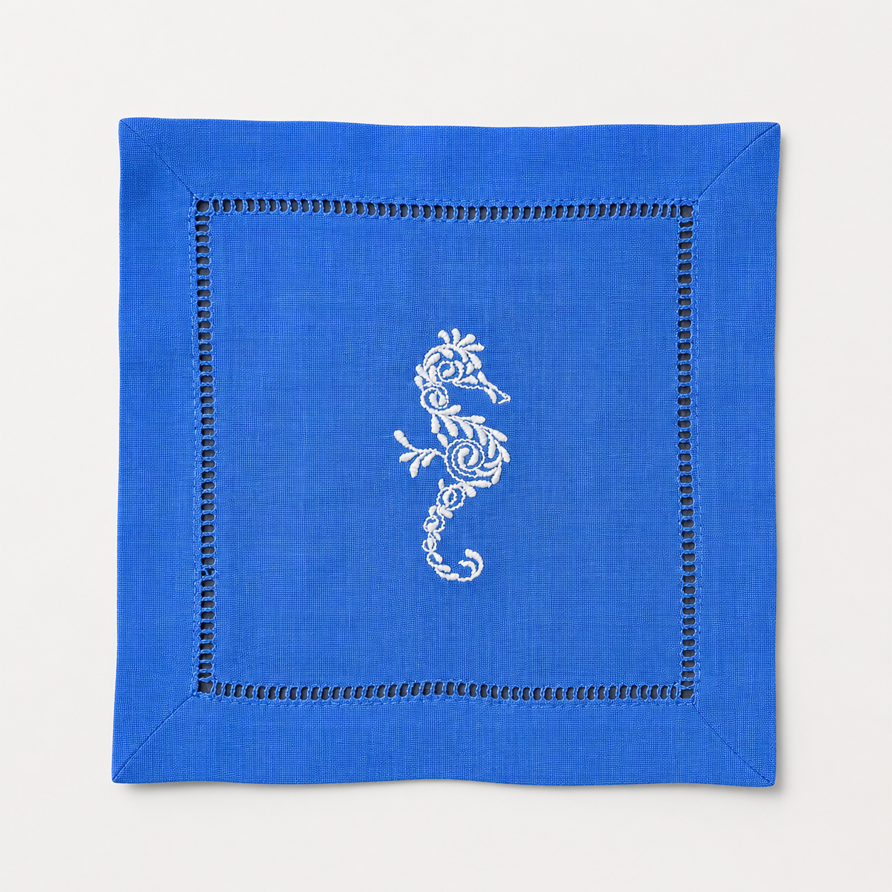 Embroidered Linen Cocktail Napkins Seahorse - Quick Ship
