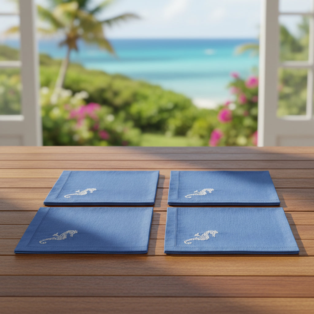 Embroidered Linen Table Napkins SEAHORSE - Quick Ship