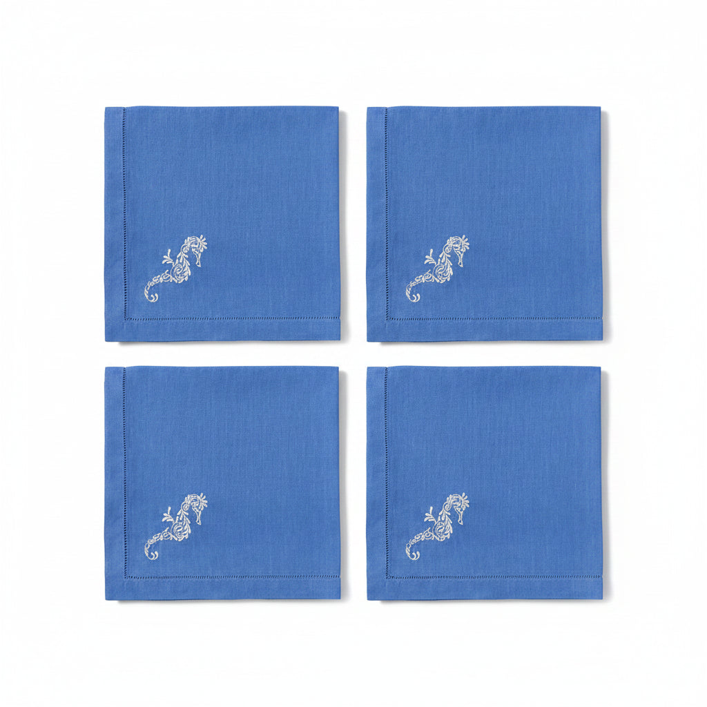 Embroidered Linen Table Napkins SEAHORSE - Quick Ship