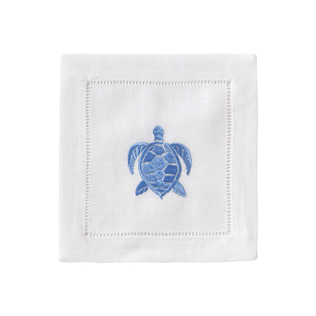 Embroidered Linen Cocktail Napkins Turtle - Quick Ship